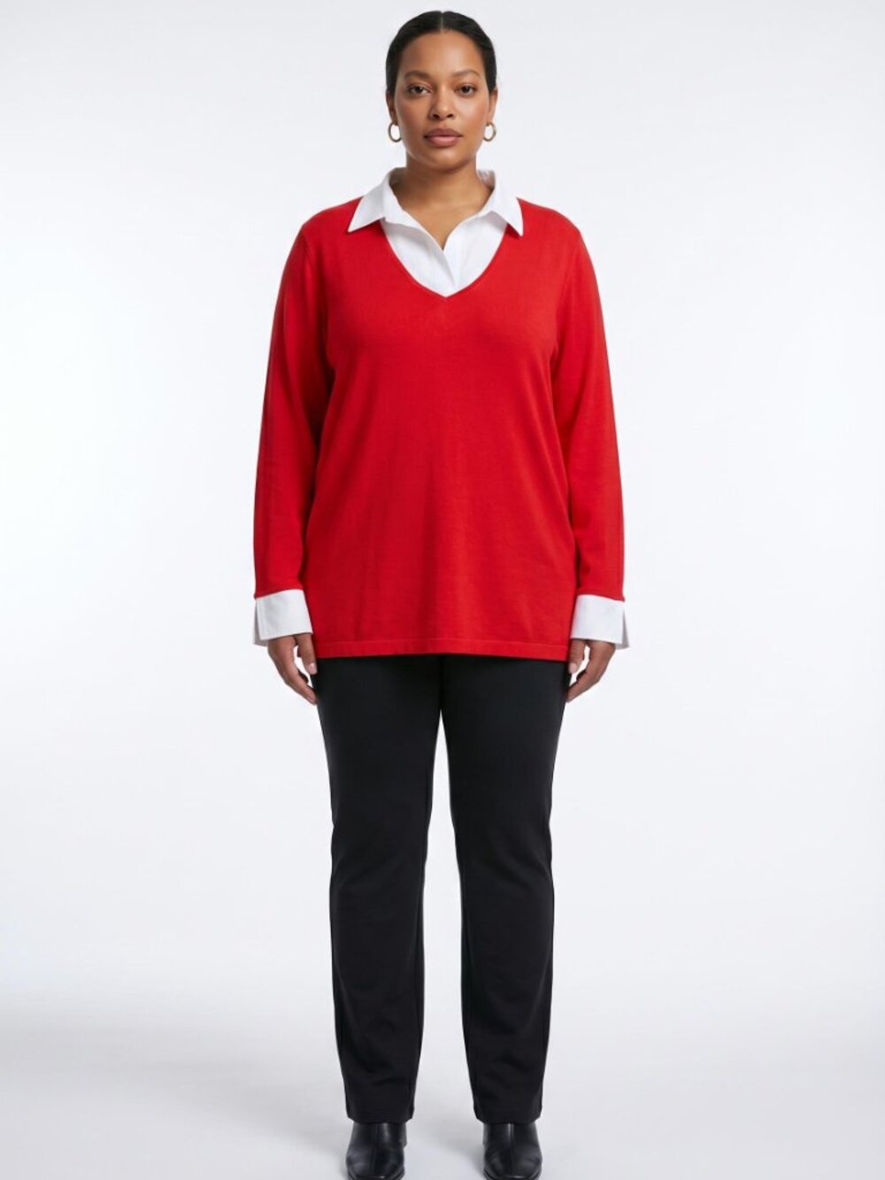 Vikki Vi Red Slinky V-neck Top With White Collar and Cuffs 2X